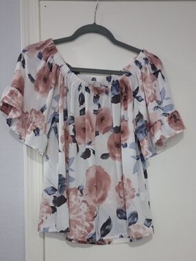 Off-Shoulder Floral Blouse in Blush and Blue